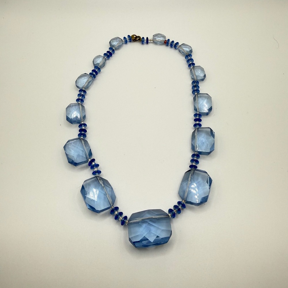 Vintage Ice Light Blue Faceted Glass Rectangle Bead Chunky Statement Necklace